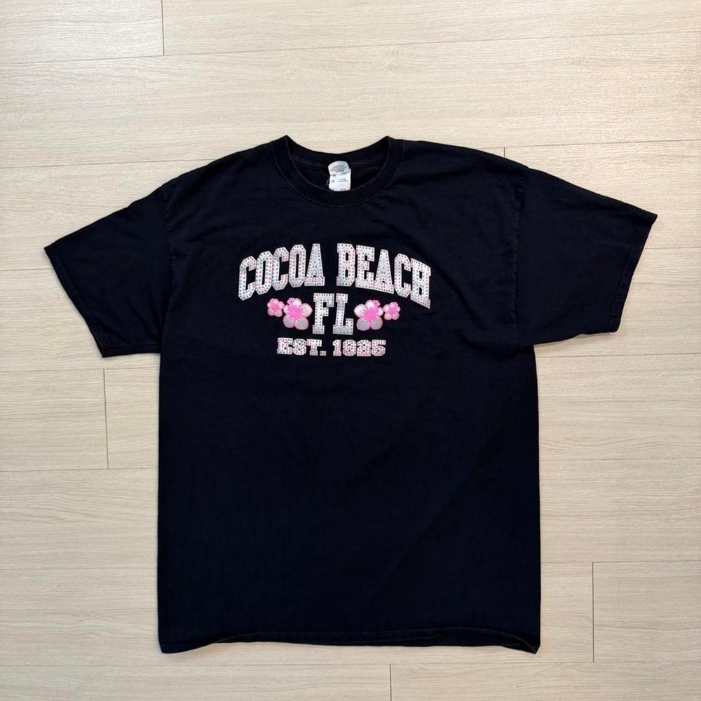 Cocoa Beach Florida Floral Pink And Black Short Sleeve Shirt Size XL